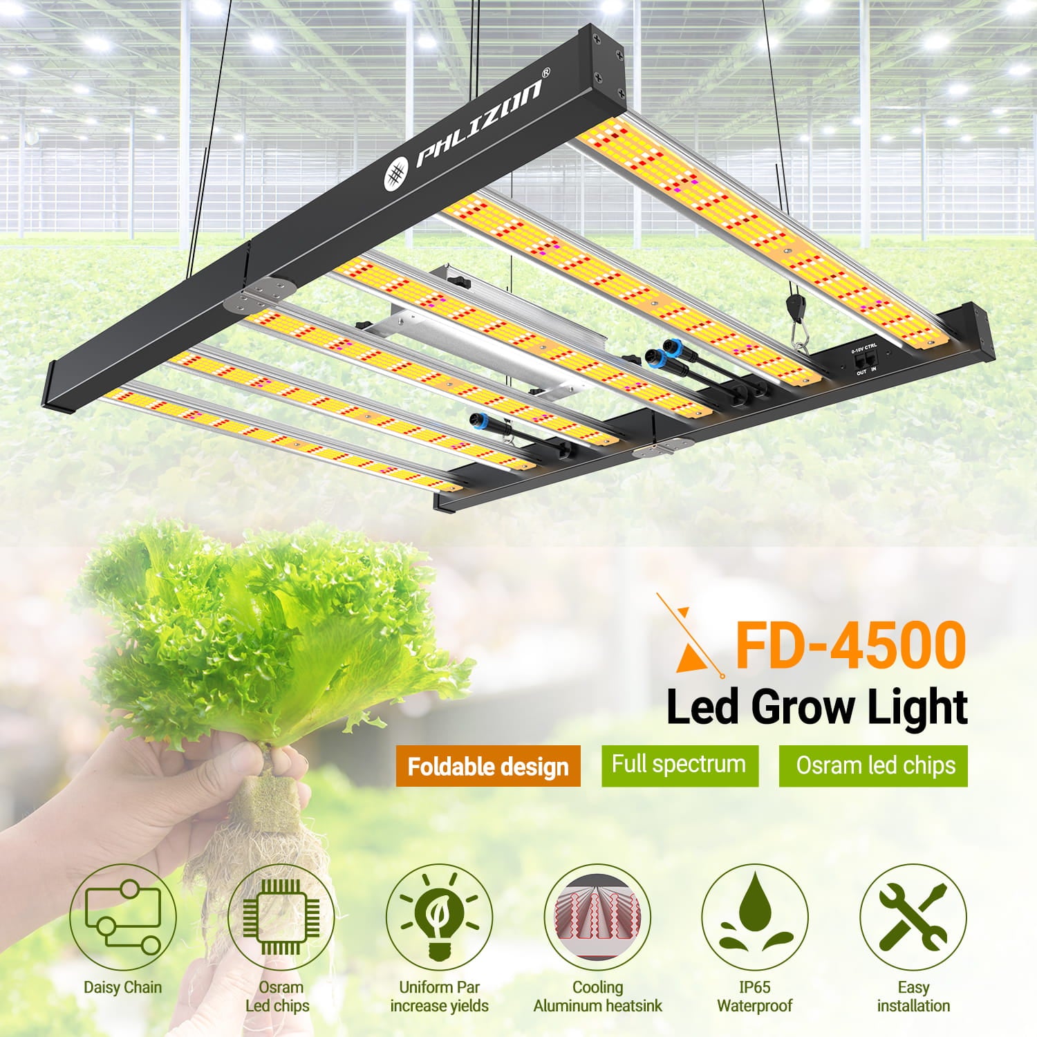 PHLIZON FD4000 450W Full-spectrum Daisy Chain Dimmable Cost-effective High-yield Commercial LED Grow Light for 4×4FT