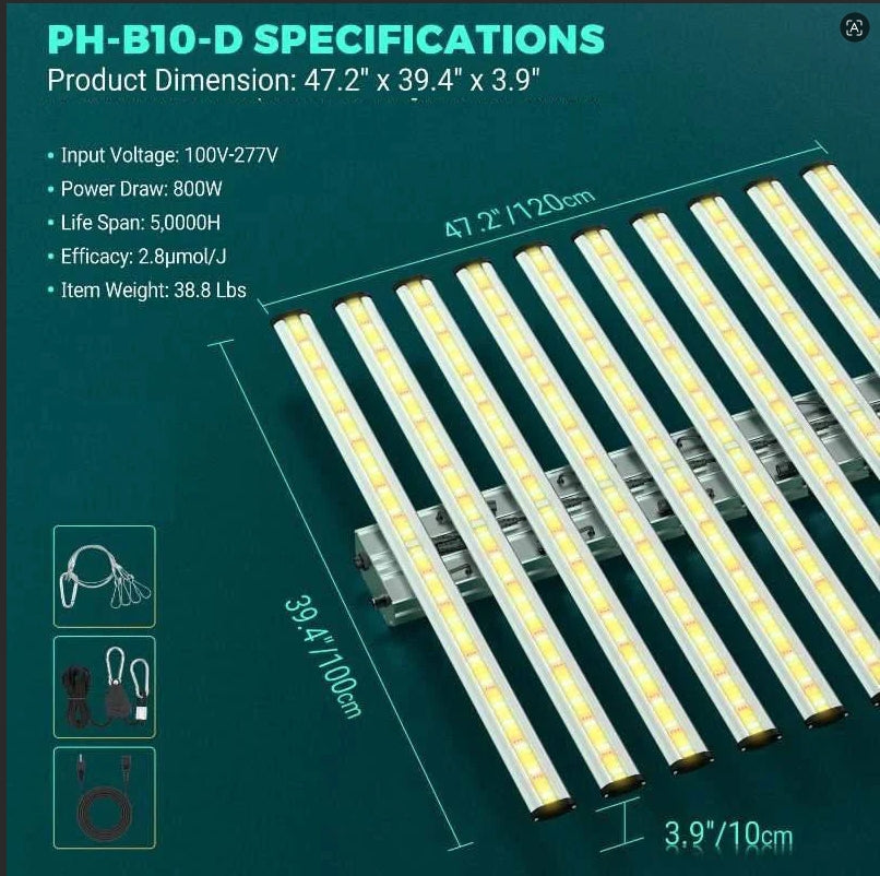 PHLIZON PH-B10 PLUS 800W Full-spectrum+UV/IR Daisy Chain Dimmable Cost-effective High-yield Commercial LED Grow Light for 5×5FT